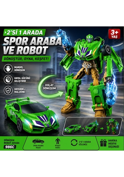 Dönüşen Robot Araba 2'si 1 Arada Spor Araba Ve Robot Oyuncak Manuel Dönüşüm - Yeşil