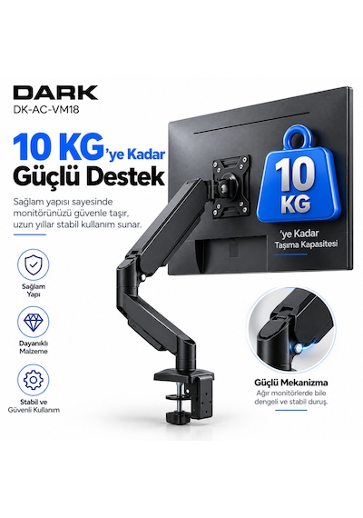 Dark VM18 13-32" 1 Adet Monitör Takılabilen, Amortisörlü, Dikey&Yatay Kullanım, Max.9KG Destekli, 360° Dönebilen, VESA, Masa Monte Monitör Kolu (DK-AC-VM18) Dark VM18 13-32" 1 Adet Monitör Takılabilen, Amortisörlü, Dikey&Yatay Kullanım, Max.9KG Destekli, 360° Dönebilen, VESA, Masa Monte Monitör Kolu (DK-AC-VM18)