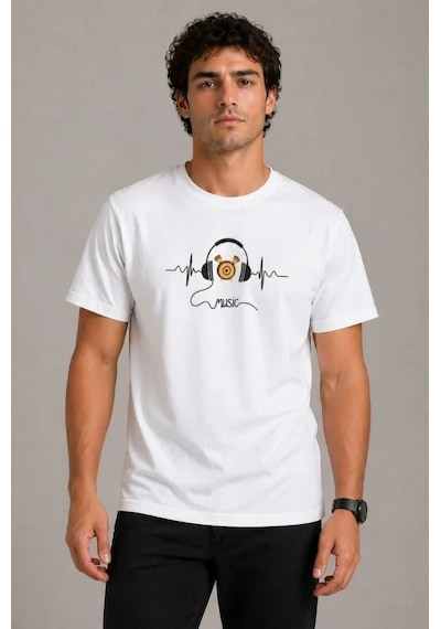 Veraura Lifestyle Erkek Müzik Temalı Baskılı Tişört Bisiklet Yaka Kısa Kol T-shirt - Beyaz