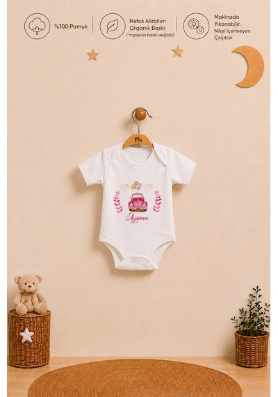 Pia Baby İsme Özel Kız Bebek Body Seti 2 Adet %100 Pamuk Organik Baskılı Çıtçıtlı Zıbın Bebek Hediyesi 2021b20x Ekru