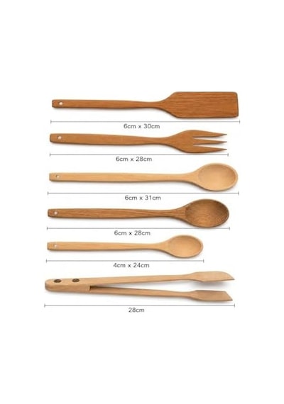 Doğal Şimşir Ağacından Ahşap Mutfak Seti, Spatula, Çatal, Kaşık Ve Maşa, 6 Parça, Doğal Renk