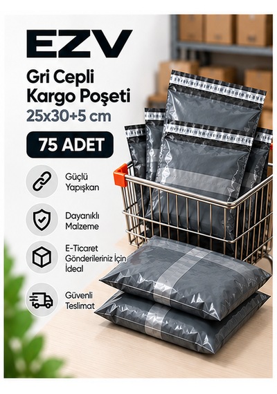 Gri Cepli Kargo Poşeti 25x30+5 Cm 75 Adet