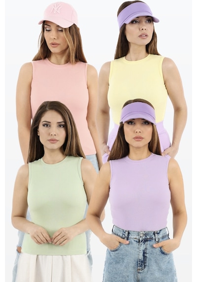 Ritnice Kadın Kapalı Yaka 4 Lü Pamuk Lila, Pembe, Sarı, Çağla Yeşili Düz Kol Fitilli Atlet