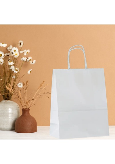 Büküm Saplı Kağıt Poşet Çanta 8x18x24 Cm Hediye Ve Alışveriş Çantası, 25 Adet, Beyaz Renk Tüm Yaşlar