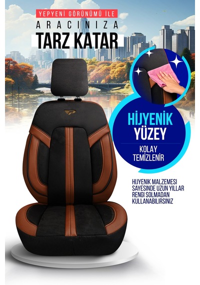 Siyah - Taba Panda Lizbon Serisi Alakantra Kumaş Oto Koltuk Kılıfı - Tam Set