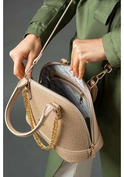 Just Polo Kadın Zincir Detaylı Lüks El Ve Omuz Çantası Shopper Ebat : 25x22 Cm Vizon