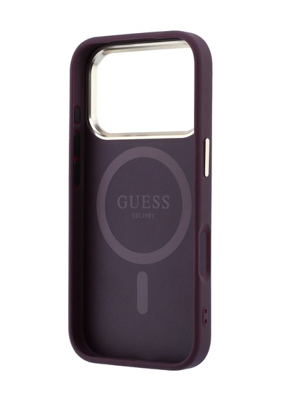 Apple iPhone 18 Pro Uyumlu Kılıf Guess  Lisanslı M-safe Şarj Özellikli Grained Triangle Kapak Bordo