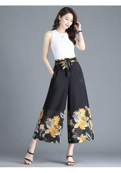 Efnaz Style Kadın Yüksel Bel Belinde Kuşak Detaylı Çiçek Baskılı Astarlı Şifon Pantolon Sarı