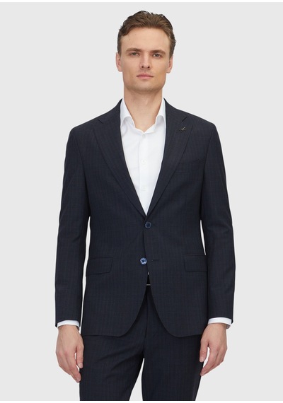 Ramsey Koyu Lacivert Desenli Zeroweight Slim Fit %100 Yün Takım Elbise