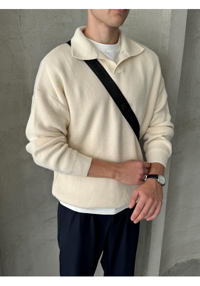 Erkek Polo Yaka Örme Oversize Kazak Krem