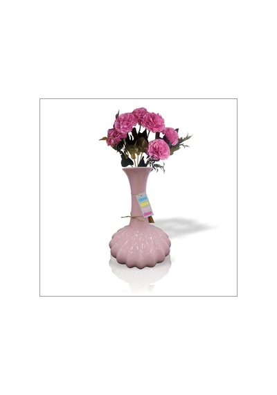 Pembe 6lı Güllü Tırtıklı Şişman Uzun 32 Cm Seramik Sulu Kuru Vazo
