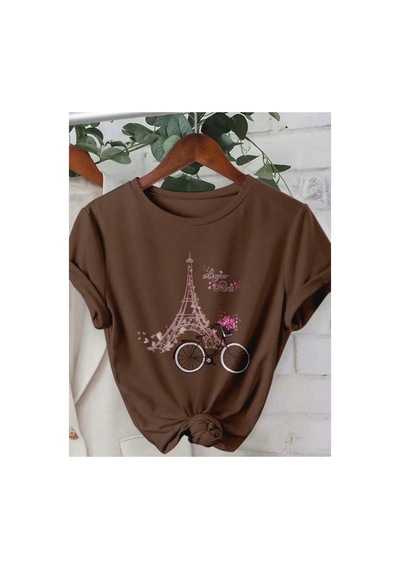 Medinenur Eyfel Kulesi Baskılı Basic T-shirt Kahverengi