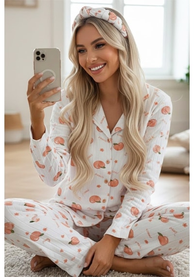 Siyah İnci Yumuşak Tuşe Kışlık Fitilli Düğmeli Pamuklu Örme Pijama Takım 7980 Şeftali Desen