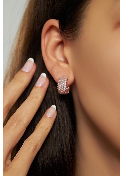 Roza Silver Zirkon Taşlı Rose Beş Sıra Tamtur Halka Model Çivili Gümüş Küpe