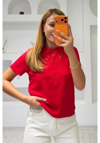 Fiolin Soft Touch Modal Kumaş Nakışlı Lazer Kesim T-shirt Kirmizi