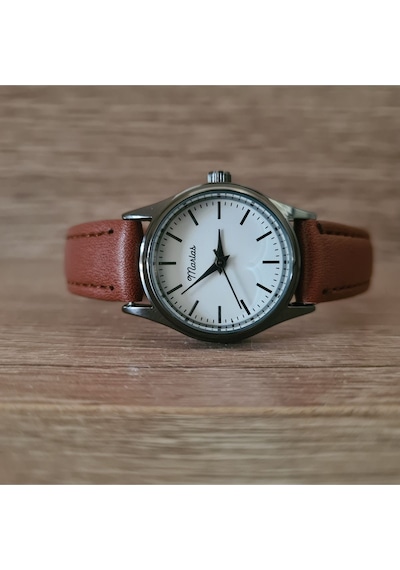 Siyah Kasa Kahverengi Kordon İçi Beyaz Çizgili Retro Kadın Kol Saati Altın