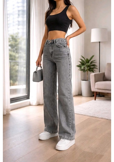 Woddi Hsn Kadın Füme Salaş Likralı Bel Salaş Jean Pantolon New Sezon-2