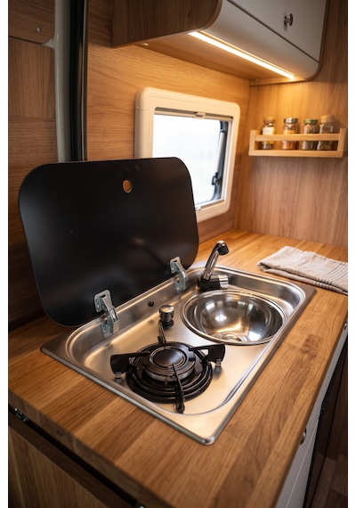 Ocaklı Evye - Musluklu Cam Kapaklı Kombine Ocak Ve Evye Karavan Tekne Tiny House Açık Gri