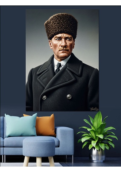 Siyah Kalpaklı Atatürk Portresi Dekoratif Kanvas - Mdf Ahşap Tablo