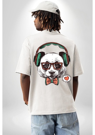 Kulaklıklı Hipster Portre Panda Beyaz Oversize Unisex Ön Ve Sırt Baskılı Tişört Beyaz