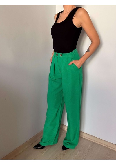 Ali Butik Yeşil Çift Pileli Keten Pantolon Yeşil