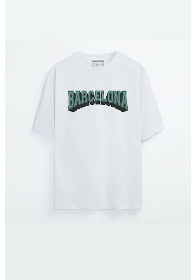 - Unisex Barcelona Baskılı Beyaz Oversize T-shirt Beyaz