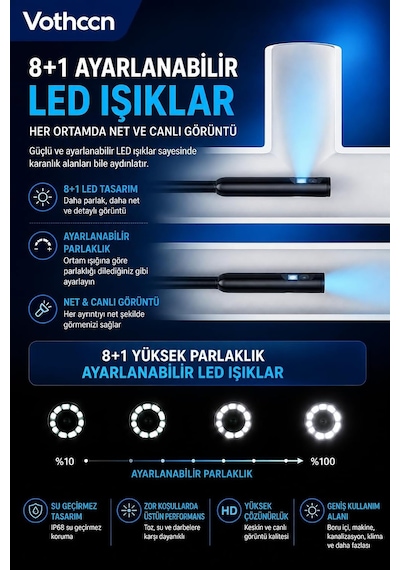 Vothoon 5 Metre Çift Kameralı İos/android Uyumlu Yılan Endoskop Kamera 8mm 2mp Led'li Sert Kablo
