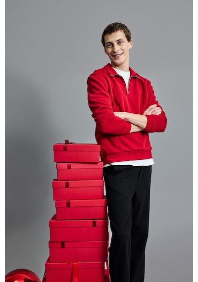 Defacto Regular Fit Dik Yaka Yarım Fermuarlı Basic Düz Sweatshirt X7405az25aurd349 Kırmızı-rd349