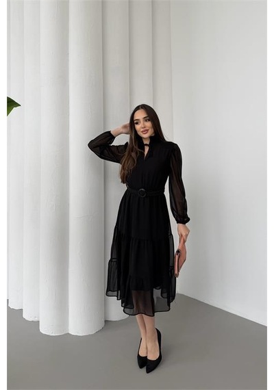Neşeli Butik Kadın Siyah Beli Kemerli Midi Boy Şifon Elbise Nbelb02 Siyah