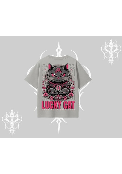 Tarzsokak Lucky Cat Japon Tarzı Kedi Baskılı Oversize Tshirt Gri