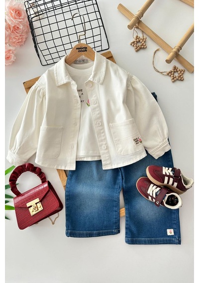 Miniğimin Cicileri Elegance Gül Nakışlı Ceketli Denim Pantolonlu Kız Çocuk 3 Lü Kombin - Ekru Miniğimin Cicileri Elegance Gül Nakışlı Ceketli Denim Pantolonlu Kız Çocuk 3 Lü Kombin - Ekru