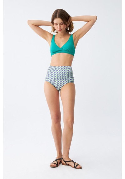 Akbeniz Kadın Yeşil Pedli Geometrik Desenli Yüksek Bel Bikini Takımı