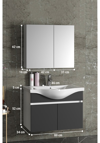 Yıldız 80 Cm Beyaz-antrasit Gri Mdf Asma Banyo Dolabı Takımı Beyaz - Antrasit