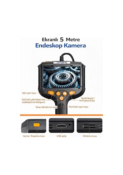 Vothoon Monitörlü Tek Kameralı 5 Mt Sert Kablo Yılan Endoskop Kamera 5,5 Mm 4.3 Inc Ekran Ip67 Su Geçirmez