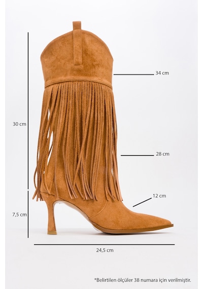 Luvishoes Luvi Shoes Gueras Taba Süet Püsküllü Sivri Burun Kadın Topuklu Çizme Taba