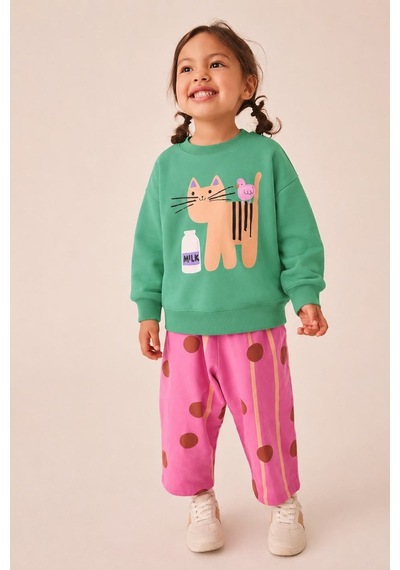 Monila Kız Çocuk Yeşil Kedi Baskılı Pamuklu Sweatshirt Ve Pembe Puantiyeli Eşofman Alt Üst Takım