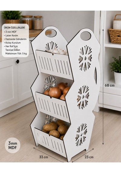 3 Katlı Mdf Soğan & Patates Saklama Rafı Dekoratif Mutfak Organizeri 33x 68 Cm 3 Mm Ahşap - Beyaz