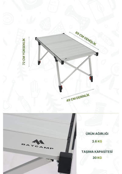 Baycamp Alüminyum Katlanır Büyük Boy Kamp Masası Y:72xg:89xd:49 Cm Gri