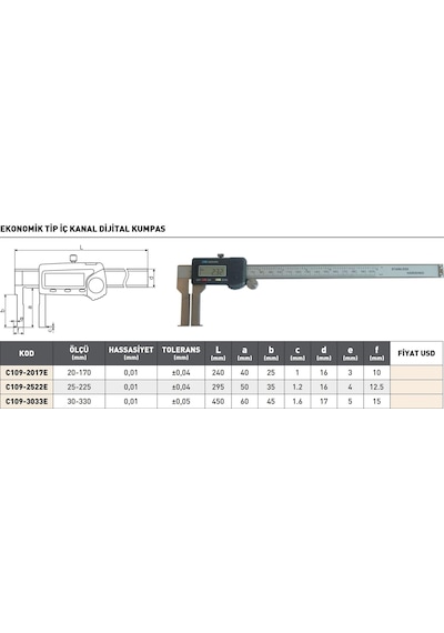 Fett 30-330mm Pld Ekonomik Tip Dijital İç Kanal Kumpası