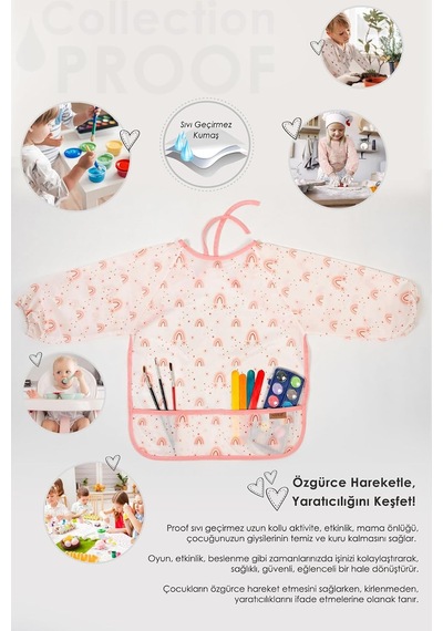 Proof Uzun Kollu 6-24 Ay Sıvı Geçirmez Etkinlik Mama Aktivite Anaokul Kreş Bebek Çocuk Önlüğü Cream Genel