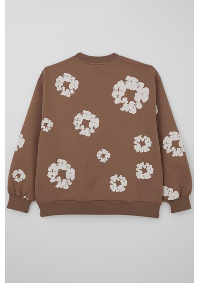 Locoloco Kız Çocuk Sweatshirt Çiçek Baskılı 9-14 Yaş, Kahverengi Kahverengi