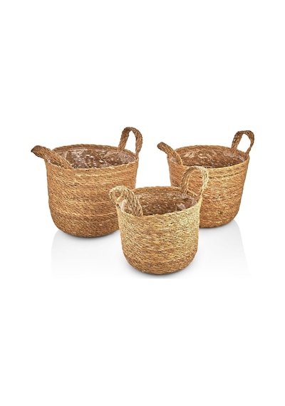 3'lü El Yapımı Doğal Hasır Kulplu Yuvarlak Saksı Seti, Hasır El Yapımı Suya Karşı Koruma Poşetli Yuvarlak Örgü Saksı 3'lü Set, Rattan Saksı Seti, 24cm 22cm-22cm 20cm-20cm 18cm 001