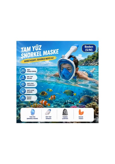 Tam Yüz Şnorkel Maskesi S-m Geniş Panoramik Görüş Ve Dry Top Koruma Mavi