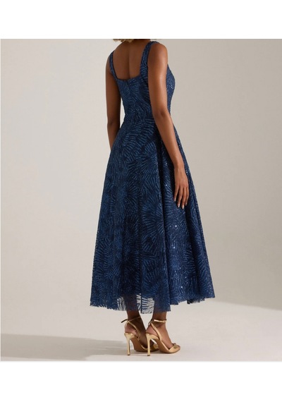 Uzer Abiye Işıltılı Sim Baskılı Jacquard Dokulu Kare Yaka Couture Premium Abiye Elbise,düğün Albisesi Lacivert