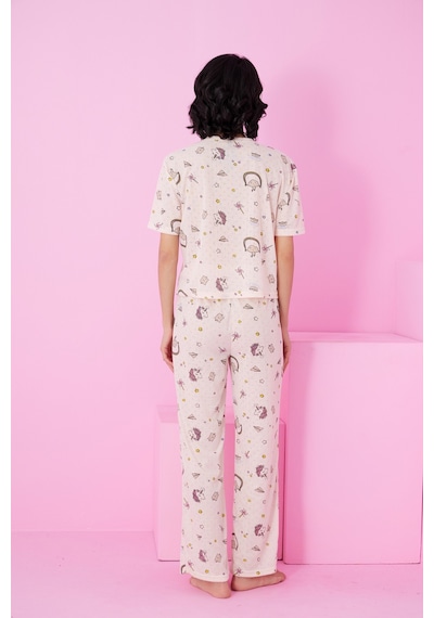 Siyah İnci Pointel Ajurlu/delikli Bisiklet Yaka Örme Pijama Takım Somon Unicorn