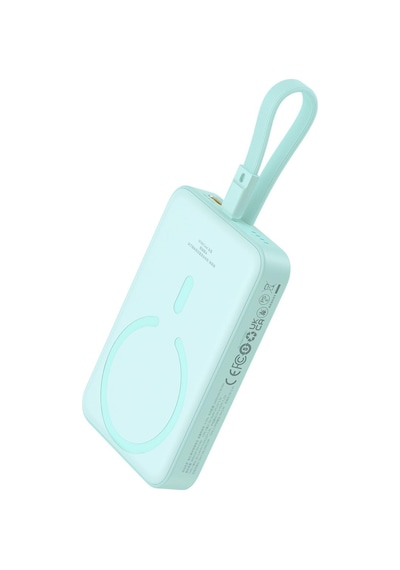 Baseus Magnetic Mini Wireless Fast Charge Power Bank İp Edition 10000mah 20w Peppermint Blue With Simple Series Charging Cable Type-c To Type-c 20v/3a 30cm White Mavi