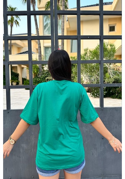 Yeşil Renk Ocean City Baskı Unisex Oversize T-shirt Yeşil