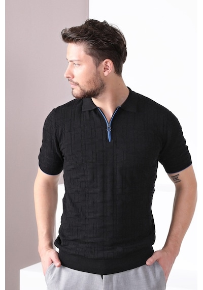Ferraro Siyah Polo Yaka Fermuarlı Erkek Pamuk Triko T-Shirt-Siyah (490417671) Siyah