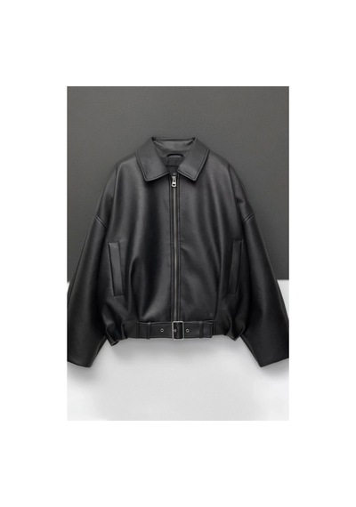 Meecy Yeni Sezon Suni Oversize Bomber Deri Ceket Siyahh Siyahh