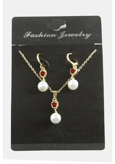 Damla - 38 - İnci Zirkon Taşlı Set Kolye - Glblseme - - Kırmızı